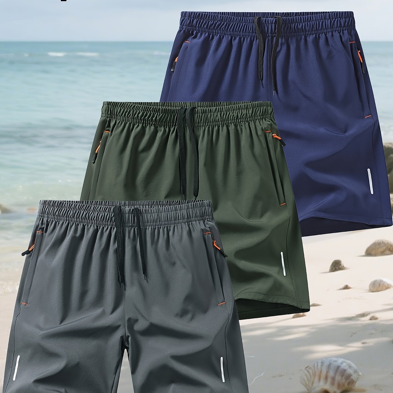 Conjunto de 3 Pantalones Cortos Deportivos | Cintura Elástica con Bolsillos | Playa y Deporte