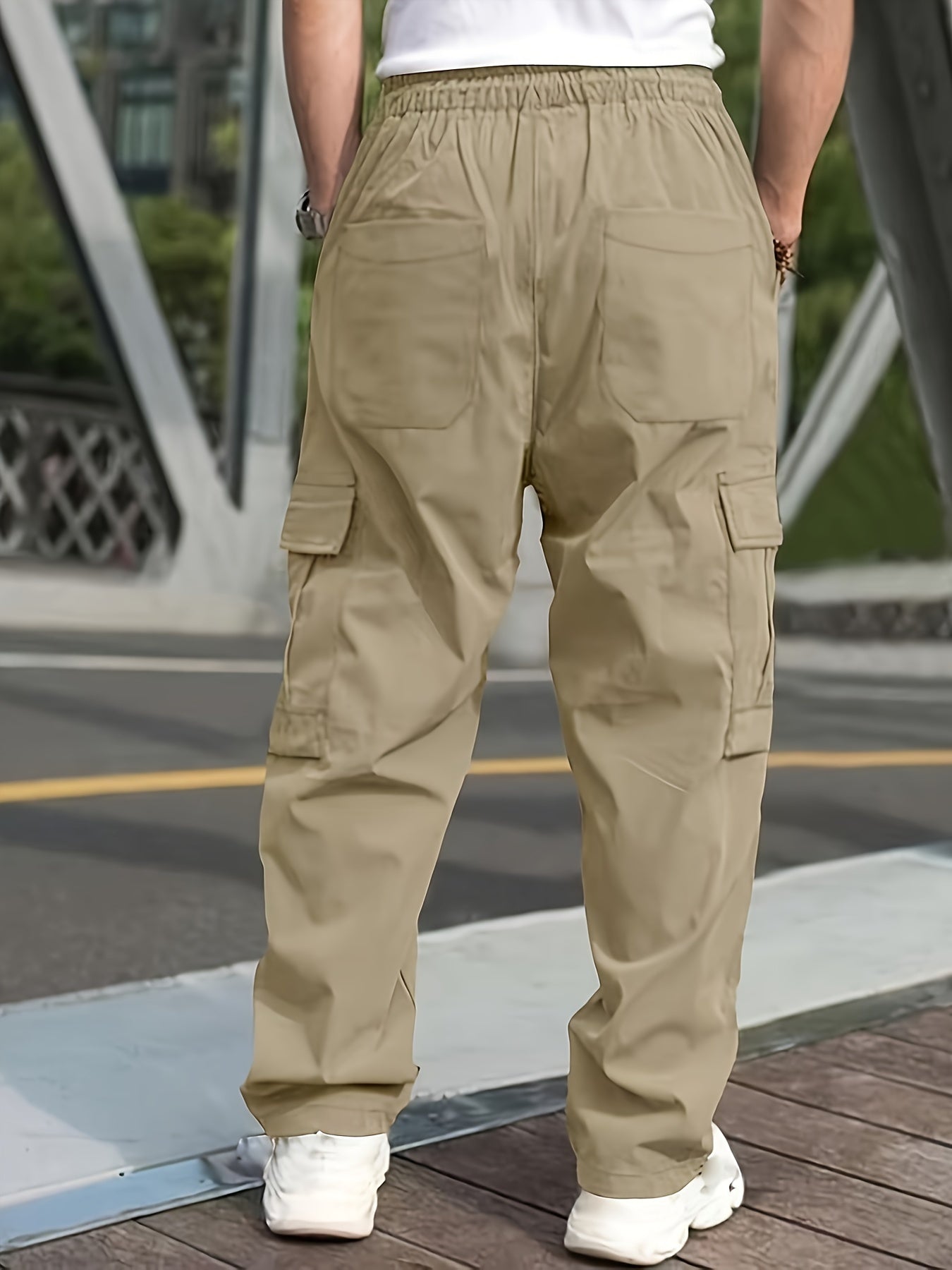 Men'S Casual Cargo Pants - Loose Fit, Straight Leg, Multi-Pocket Design, Drawstring Waist, Polyester Fabric, Ideal for Spring & Fall Workouts, Casual Wear Pants|Loose Fit Pants|Polyester Pants