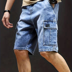 Jeans Cortos Hombre Elásticos | Corte Regular, Múltiples Bolsillos | Vaquero Azul Lavado