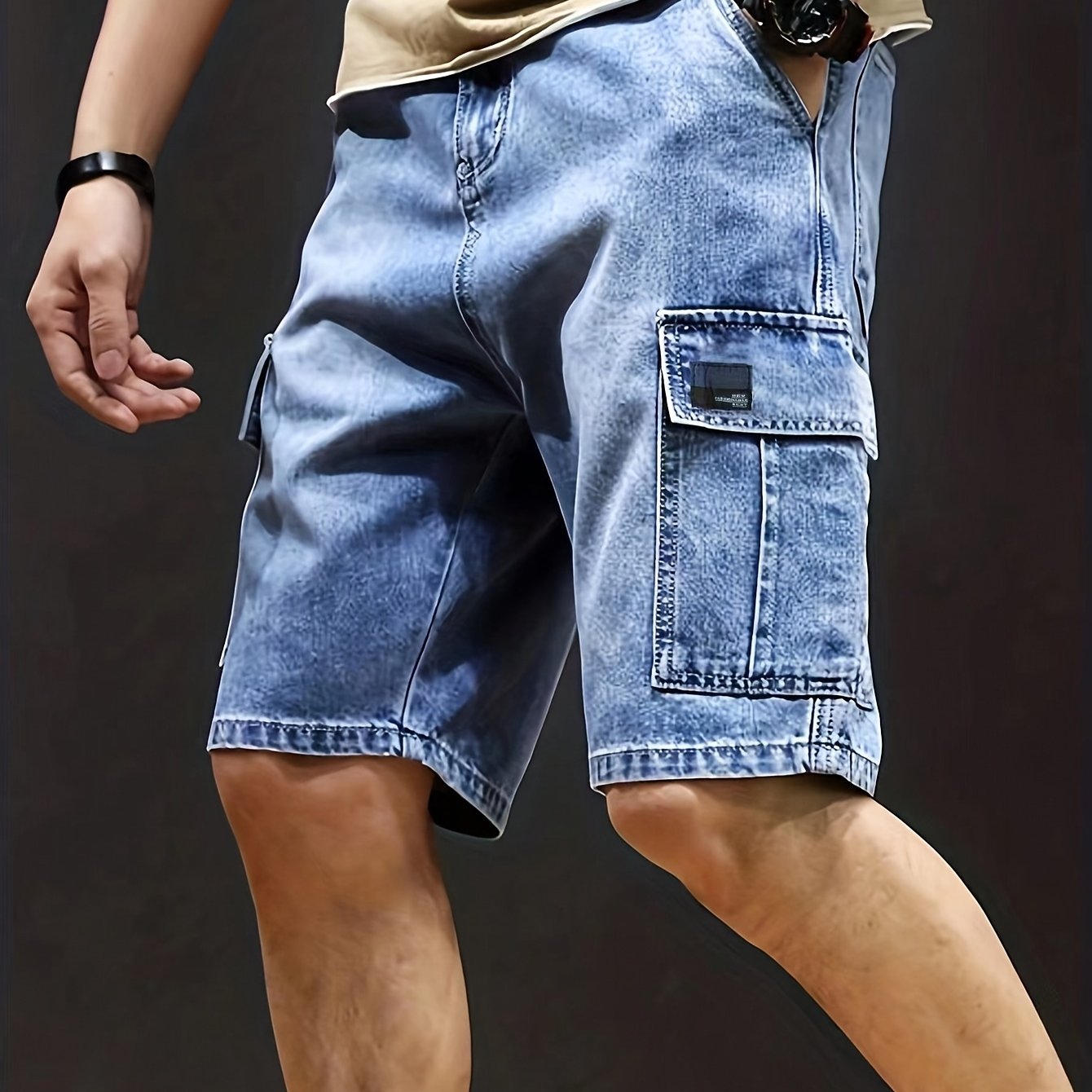 Jeans Cortos Hombre Elásticos | Corte Regular, Múltiples Bolsillos | Vaquero Azul Lavado