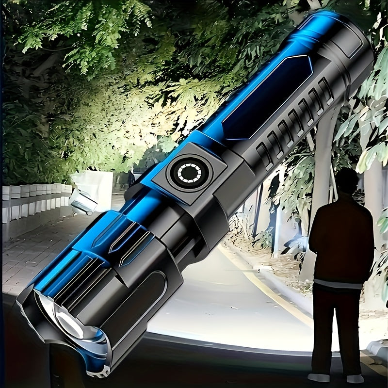 Linterna táctica LED de alto lumen con zoom ajustable y 3 modos de luz. Recargable, ideal para camping, senderismo y emergencias