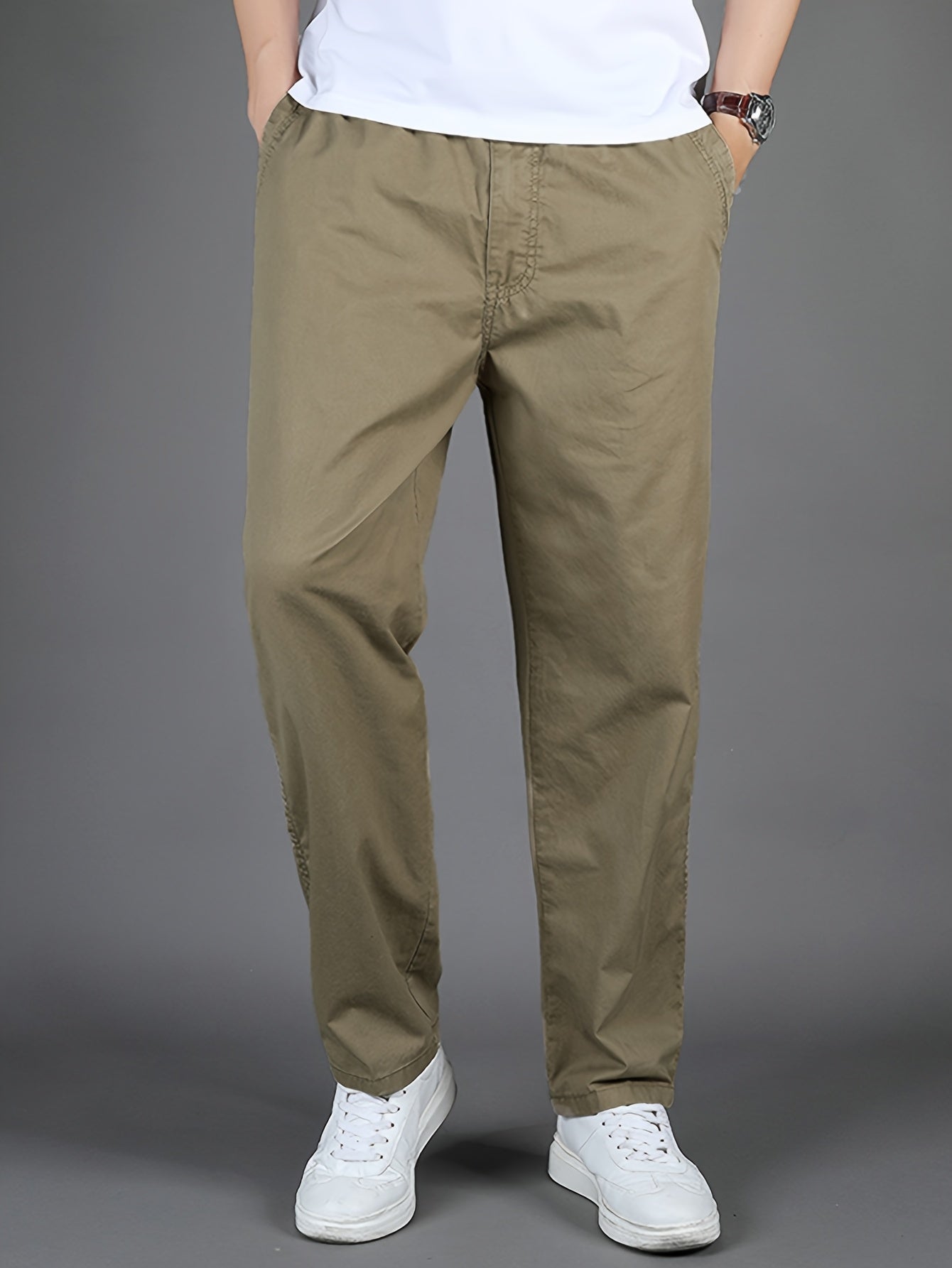 Men'S High-Waisted Straight-Leg Casual Pants - Light Grey Elastic Drawstring Waist, Lightweight All-Season Comfort, Regular Fit Solid Color Trousers for Casual Attire & Light Sports, Comfortable Clothing, Minimalist Design, S