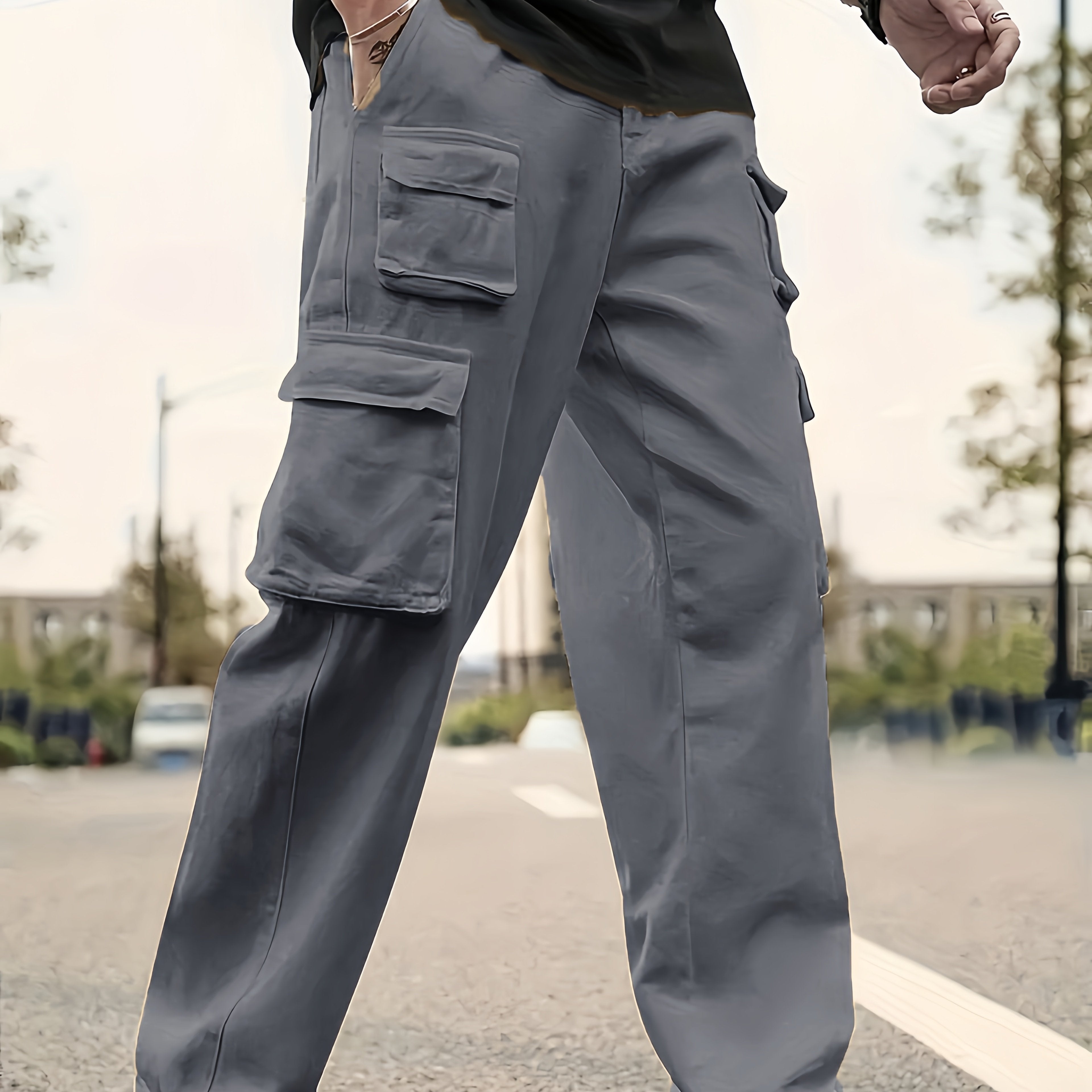 Men's Solid Color Sports Cargo Pants With Drawstrings, Casual Versatile Straight Leg Outdoor Trousers As Gift