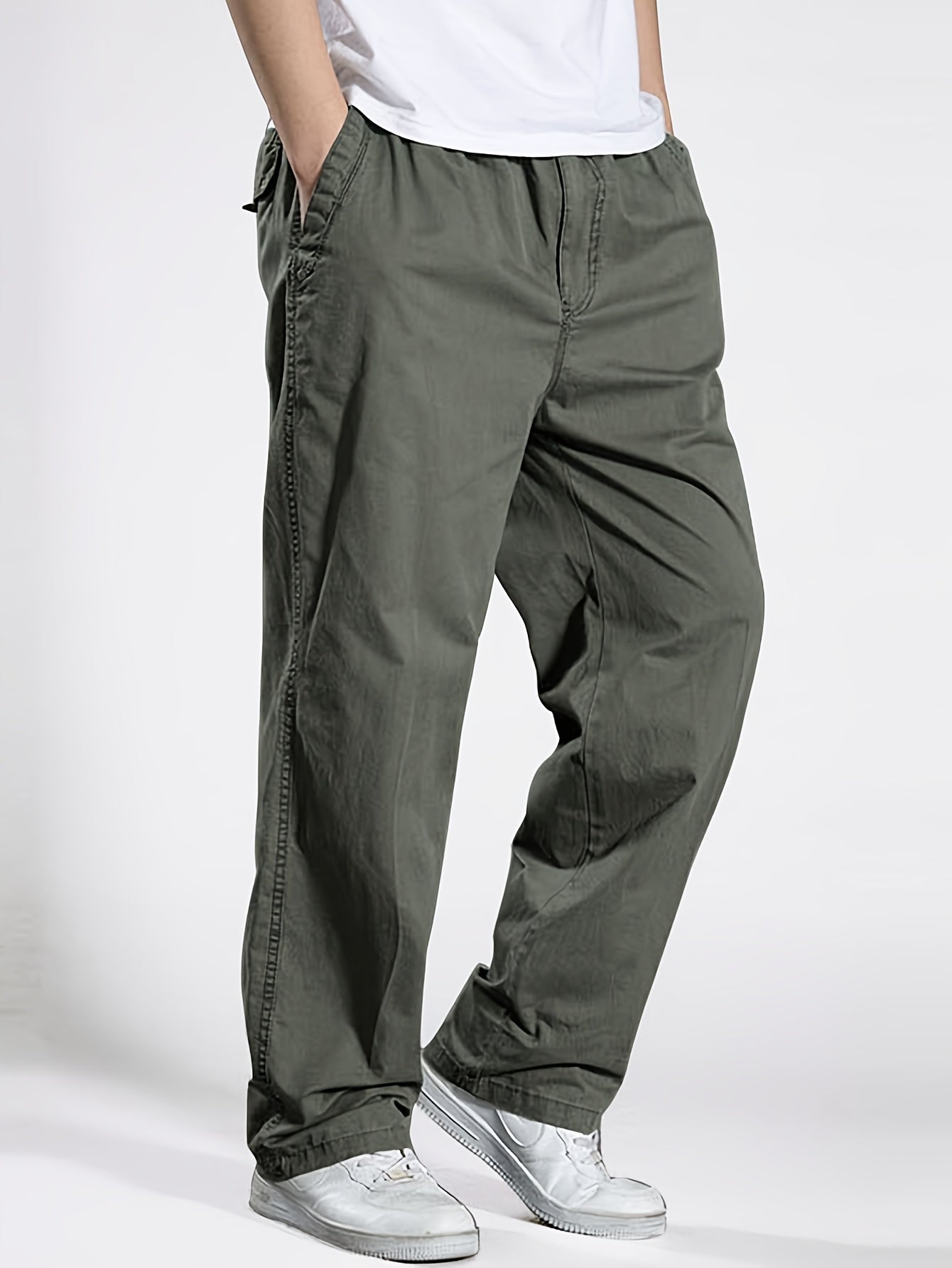 Men's Heavy-Duty 100% Cotton Work Pants - Relaxed Fit Cargo Pants with Elastic Drawstring Waist, Solid Black Casual Workwear for Construction, Everyday & Formal Events - Machine Washable Spring/Fall Trousers, Classic Solid Co