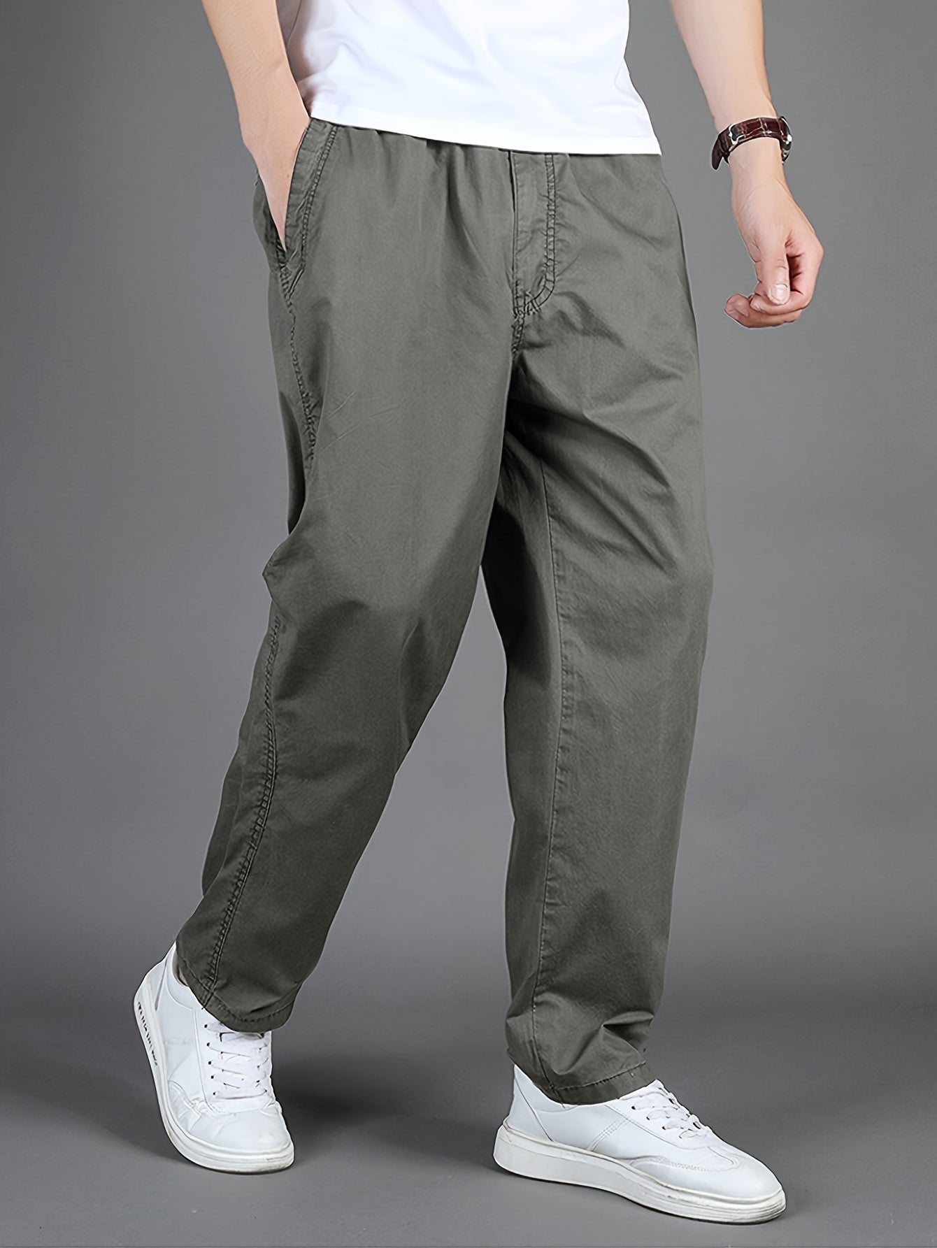 Men'S High-Waisted Straight-Leg Casual Pants - Light Grey Elastic Drawstring Waist, Lightweight All-Season Comfort, Regular Fit Solid Color Trousers for Casual Attire & Light Sports, Comfortable Clothing, Minimalist Design, S