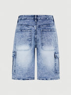 Jeans Cortos Hombre Elásticos | Corte Regular, Múltiples Bolsillos | Vaquero Azul Lavado