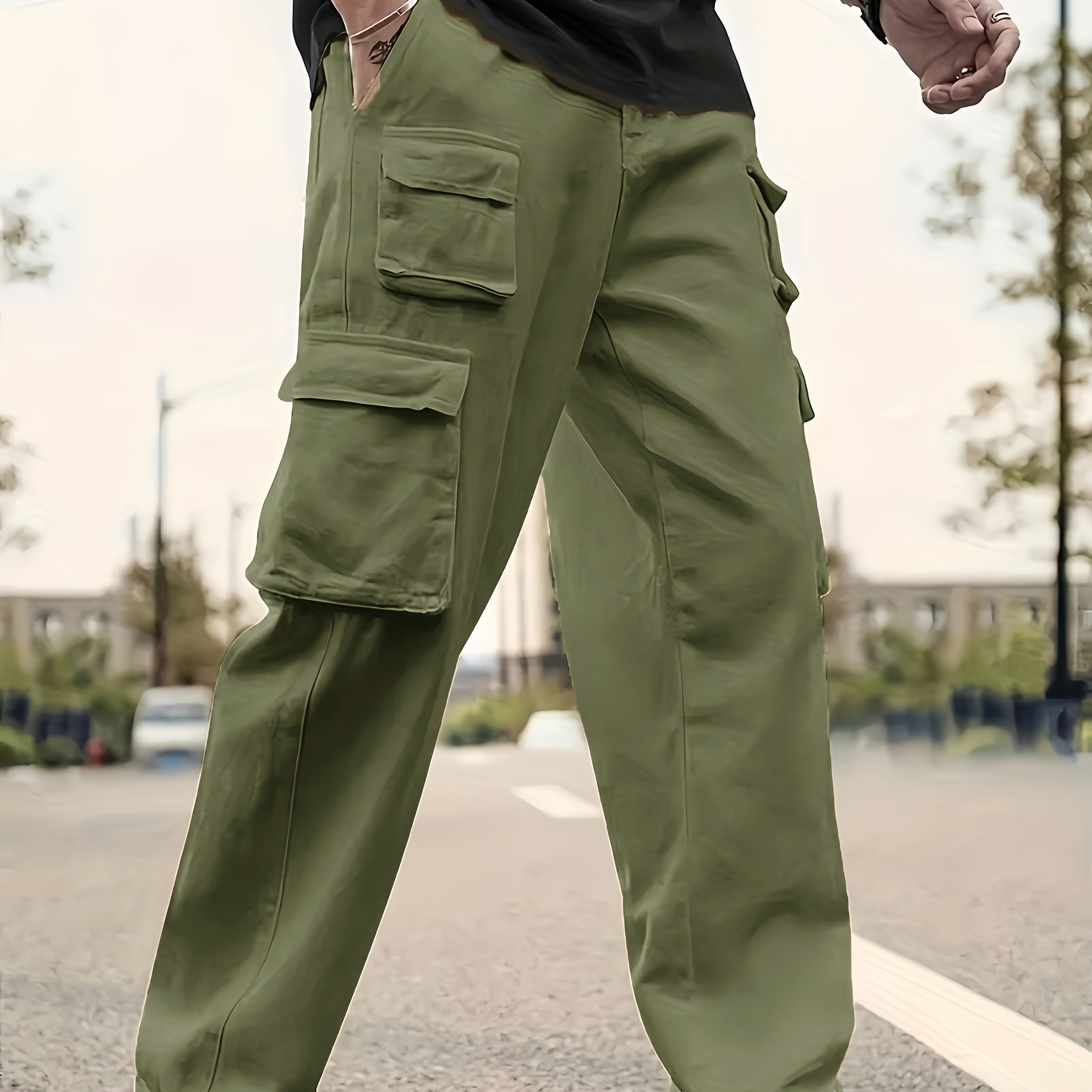 Men's Solid Color Sports Cargo Pants With Drawstrings, Casual Versatile Straight Leg Outdoor Trousers As Gift