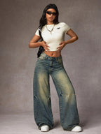 Jeans Pierna Ancha Vintage Mujer | Ticotrendy Poliéster Elástico Suave Estilo Casual Diario