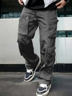 Men'S Fashion Cargo Pants, Polyester 100%, Solid Color, Loose Fit, Straight Leg, Drawstring, Multi-Pocket, Casual Slim Fit, Woven Fabric, 138g/m² - Sports Style