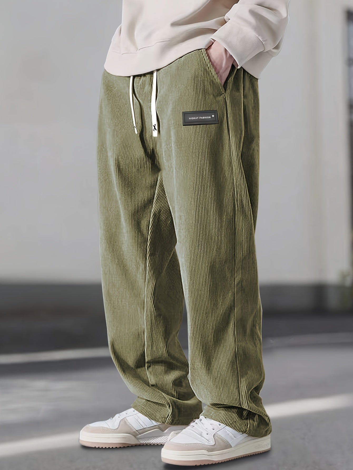 Men's Corduroy Casual Pants - Solid Color with Drawstring Waist & Side Pockets, Soft Breathable Fabric, Regular Fit for All-Season Comfort, Hand Wash Only