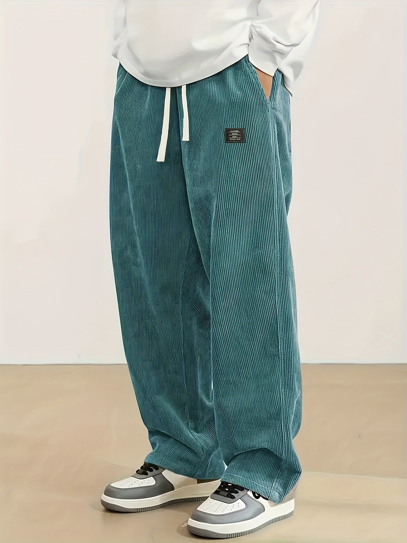 Men's corduroy casual pants, stylish and loose wide-leg pants, straight-cut sport pants, elastic waist drawstring baggy sweatpants for men sweatpants baggy
