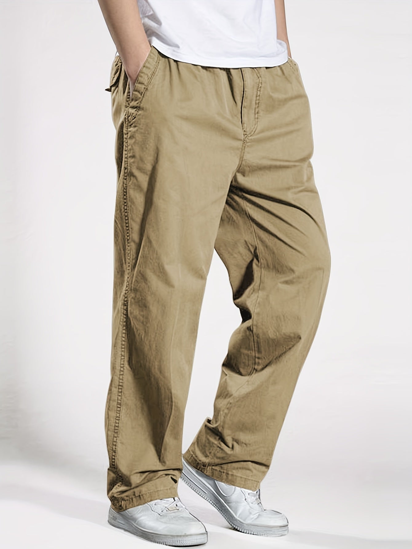 Men's Heavy-Duty 100% Cotton Work Pants - Relaxed Fit Cargo Pants with Elastic Drawstring Waist, Solid Black Casual Workwear for Construction, Everyday & Formal Events - Machine Washable Spring/Fall Trousers, Classic Solid Co