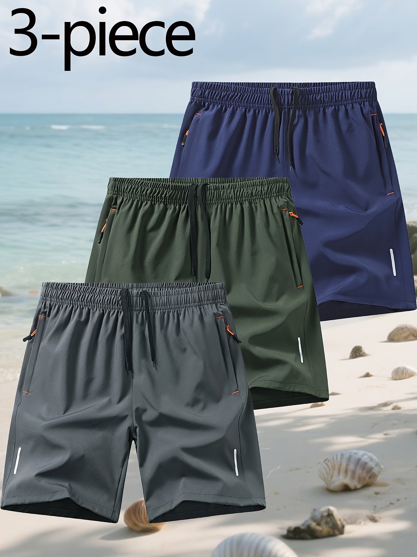 Conjunto de 3 Pantalones Cortos Deportivos | Cintura Elástica con Bolsillos | Playa y Deporte