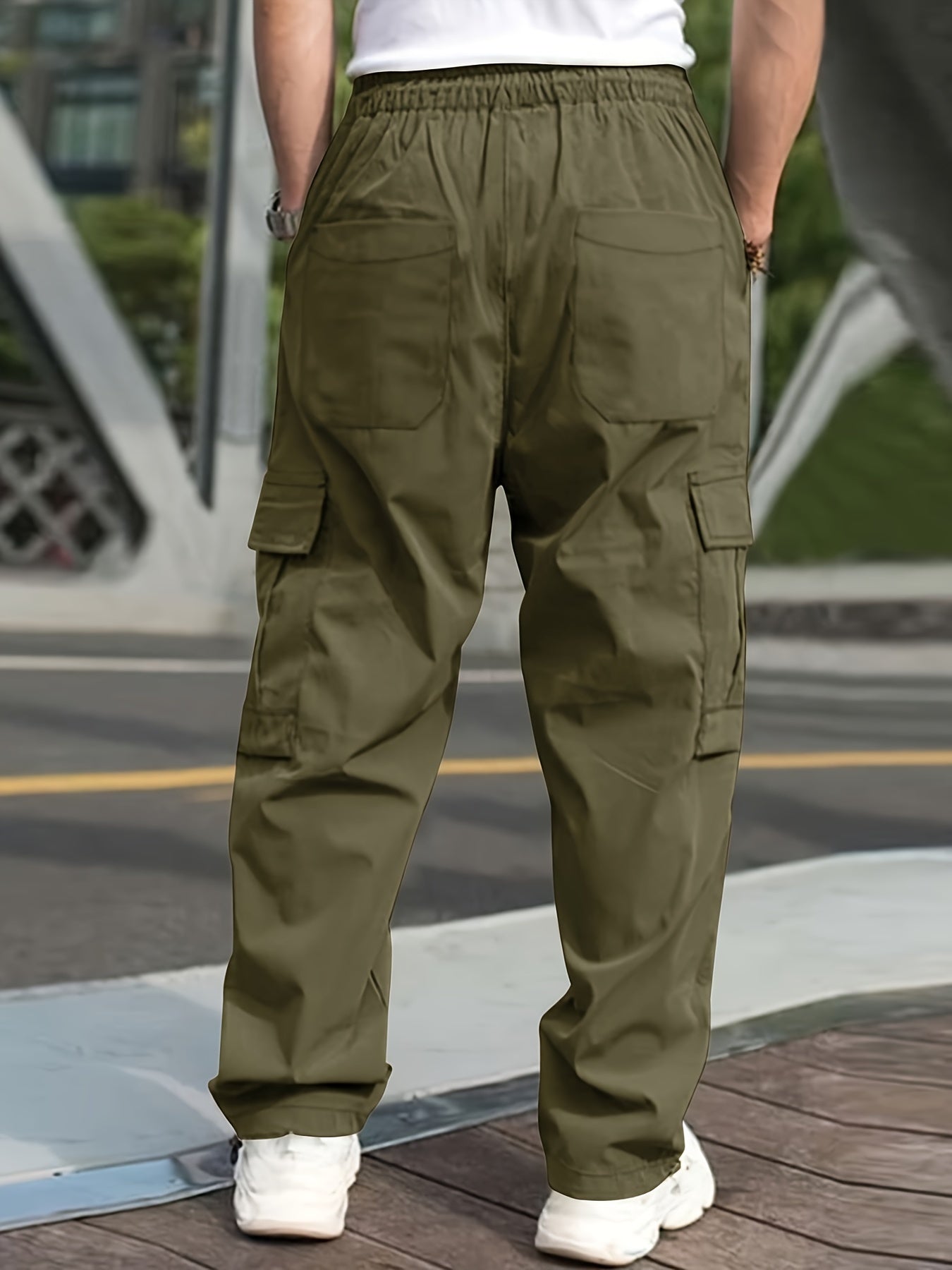 Men'S Casual Cargo Pants - Loose Fit, Straight Leg, Multi-Pocket Design, Drawstring Waist, Polyester Fabric, Ideal for Spring & Fall Workouts, Casual Wear Pants|Loose Fit Pants|Polyester Pants