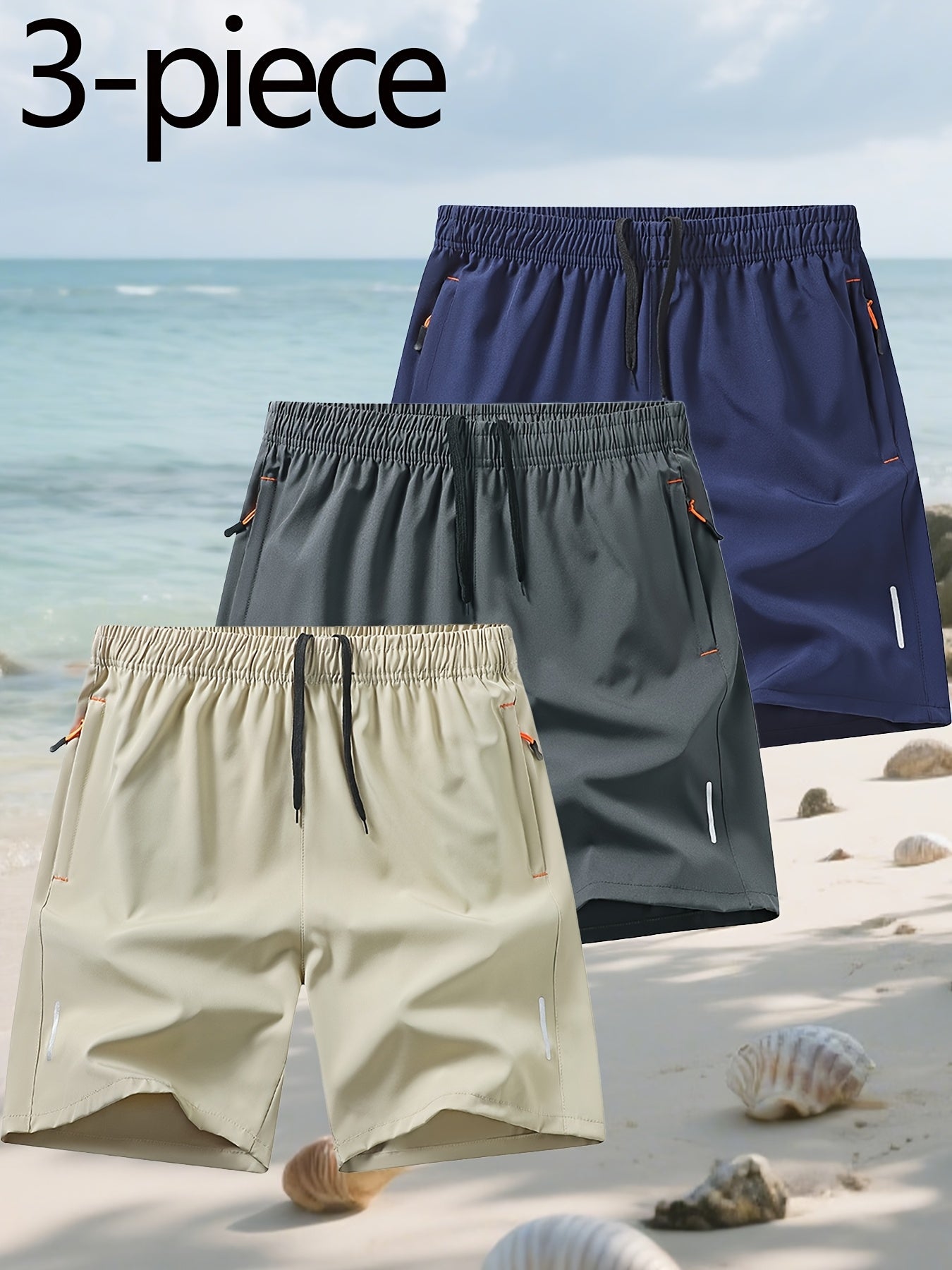 Conjunto de 3 Pantalones Cortos Deportivos | Cintura Elástica con Bolsillos | Playa y Deporte