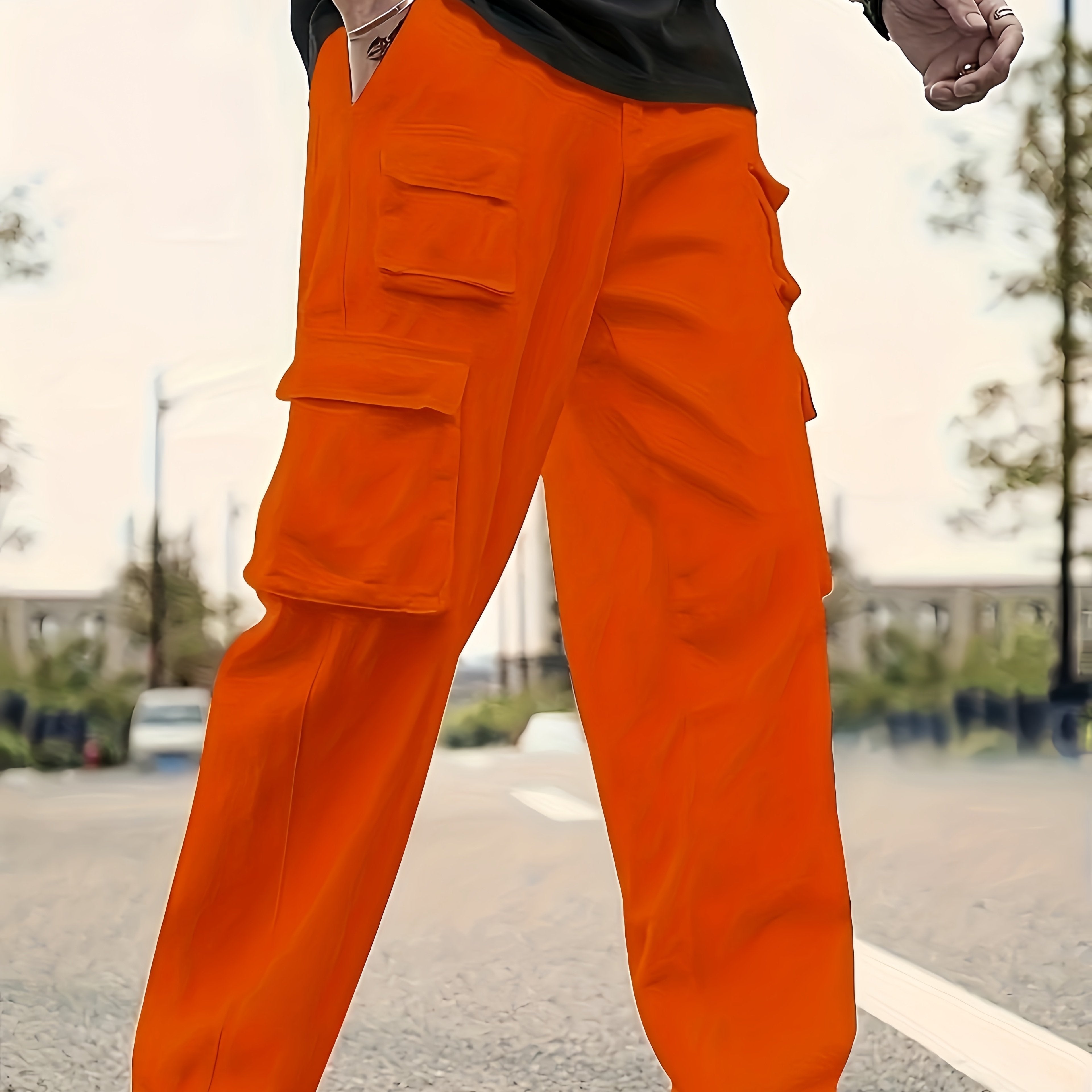 Men's Solid Color Sports Cargo Pants With Drawstrings, Casual Versatile Straight Leg Outdoor Trousers As Gift