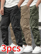 3pcs Men'S Casual Solid Color Joggers - Multiple Flap Pockets, Drawstring Waist, Polyester, Outdoor Work Pants, Jogging Pants