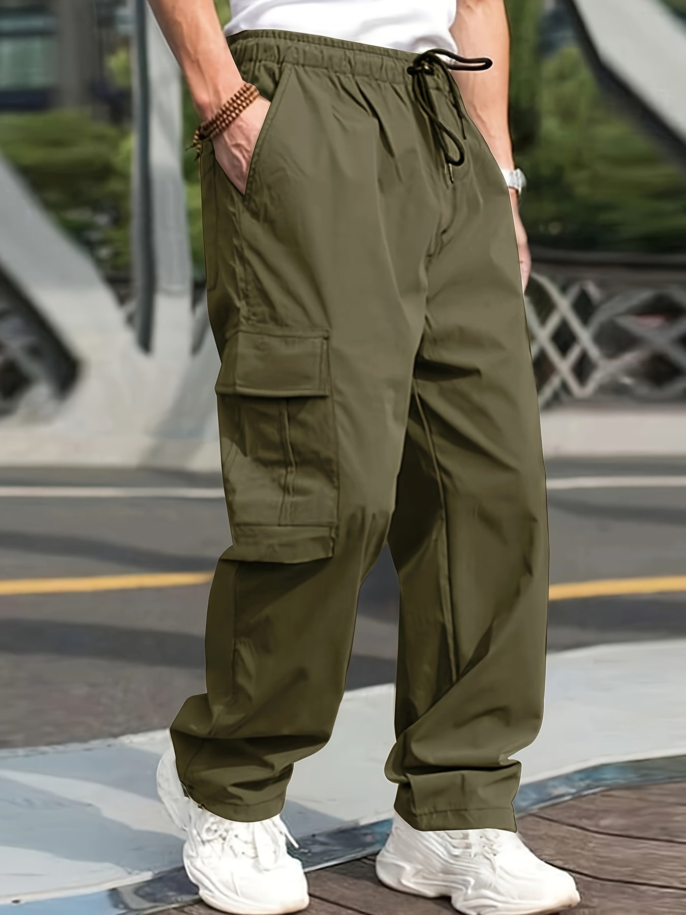 Men's Olive Green Cargo Pants - Lightweight Twill Fabric with Side Pockets, Adjustable Drawstring Waist | Casual Street Style Jogging Gear for All Seasons, Jogging Pants