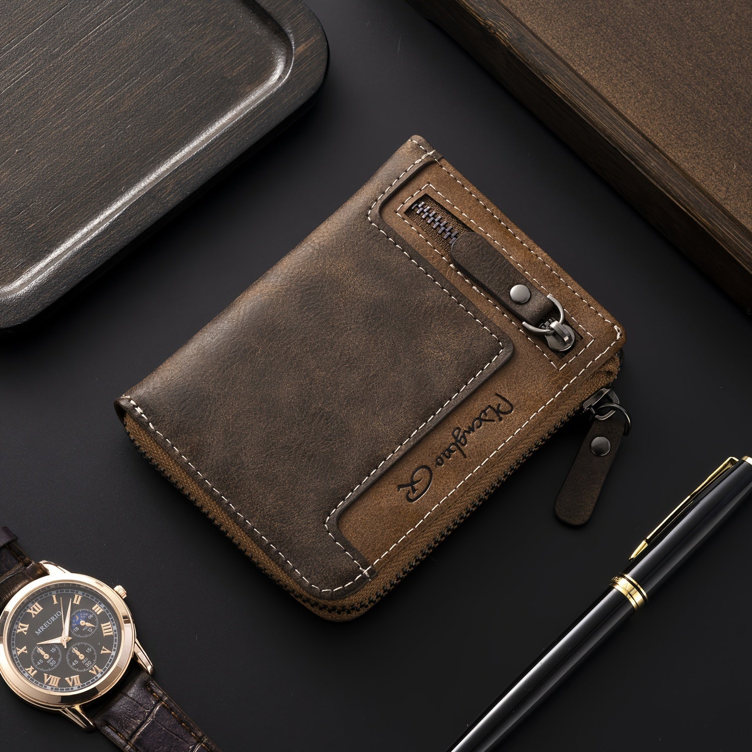 Cartera de hombre retro de piel sintética con cremallera y tarjetero.