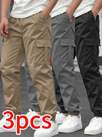 3pcs Men'S Casual Solid Color Joggers - Multiple Flap Pockets, Drawstring Waist, Polyester, Outdoor Work Pants, Jogging Pants