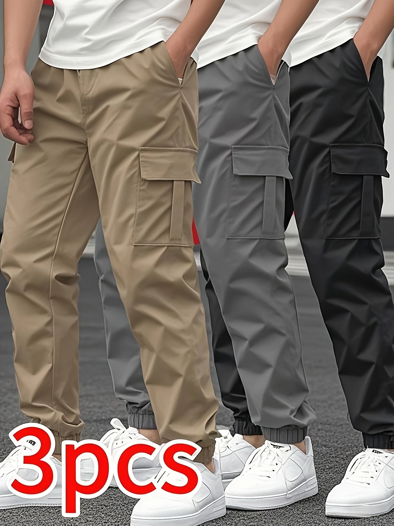 3pcs Men'S Casual Solid Color Joggers - Multiple Flap Pockets, Drawstring Waist, Polyester, Outdoor Work Pants, Jogging Pants