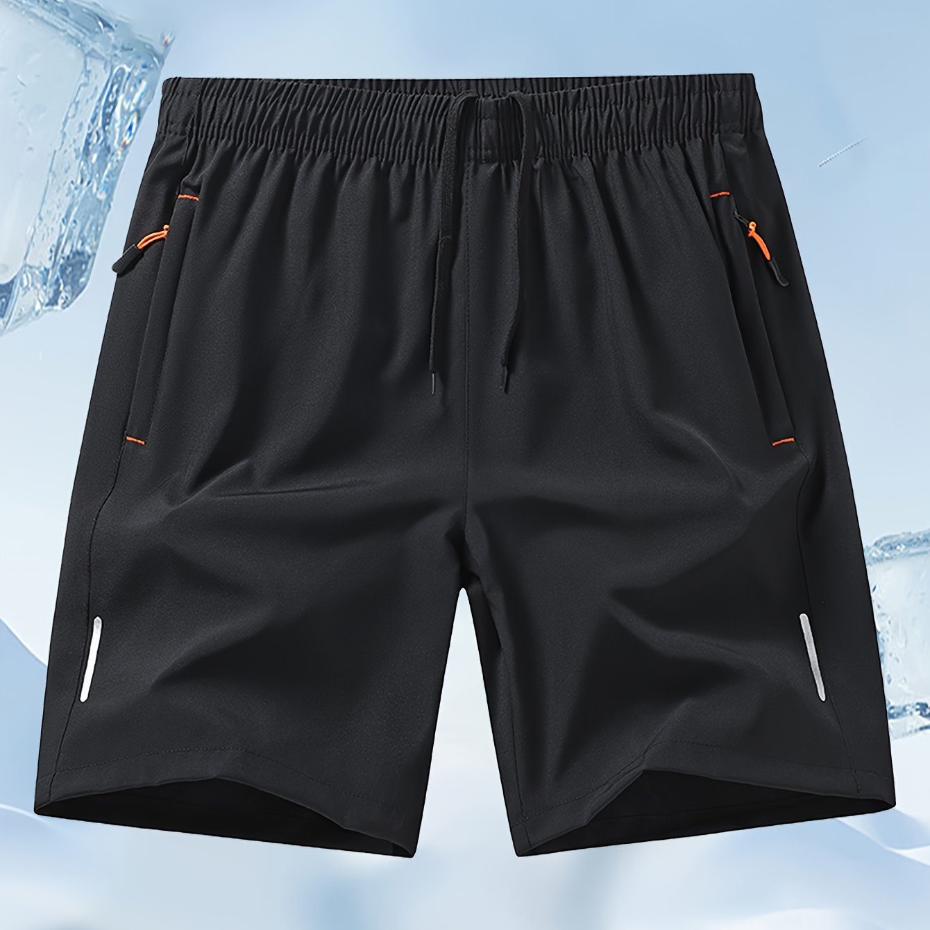 Pantalones Cortos Deportivos Hombre - Secado Rápido, Negro con Bolsillos Naranja, Cordón y Cremallera