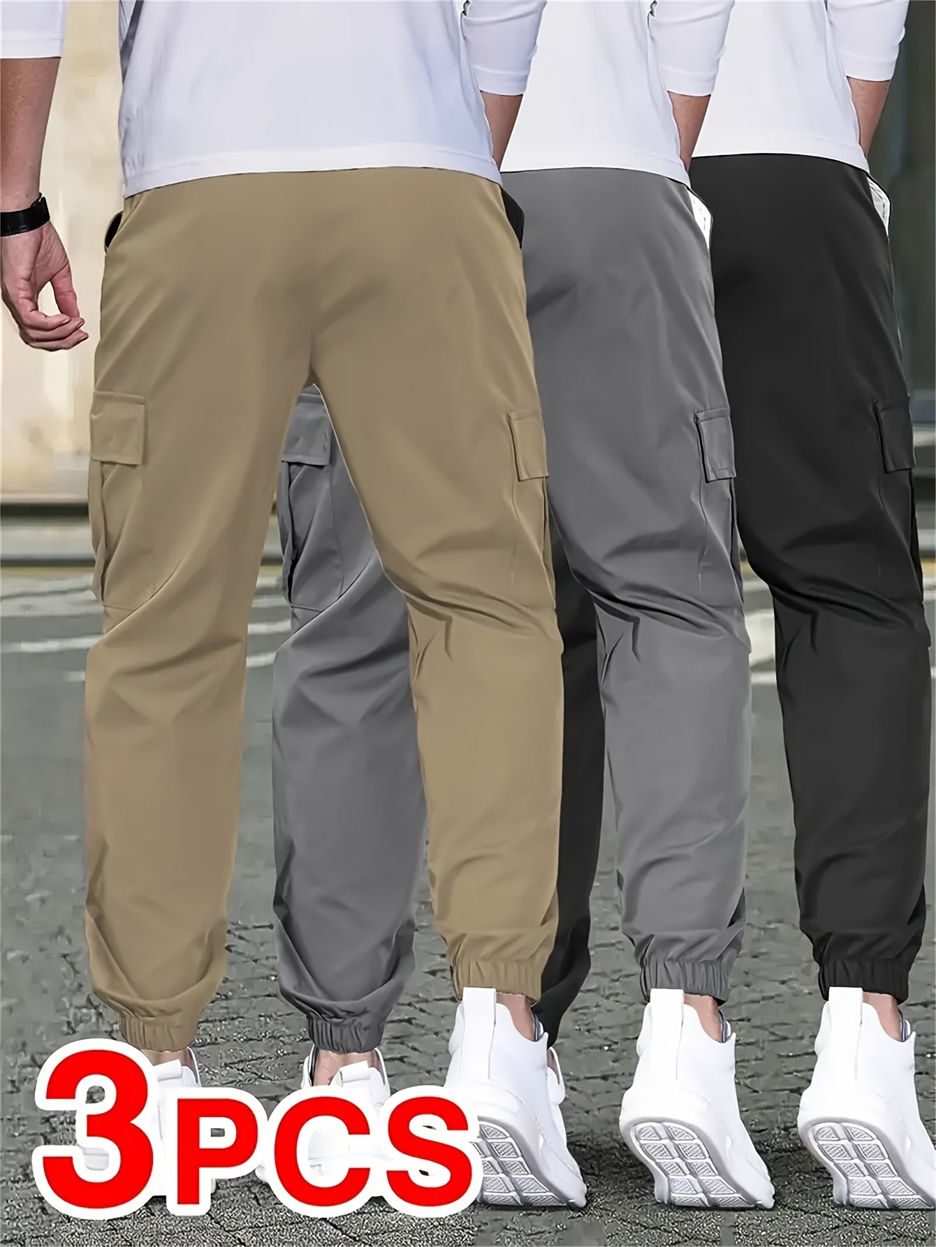 3pcs Men'S Casual Solid Color Joggers - Multiple Flap Pockets, Drawstring Waist, Polyester, Outdoor Work Pants, Jogging Pants