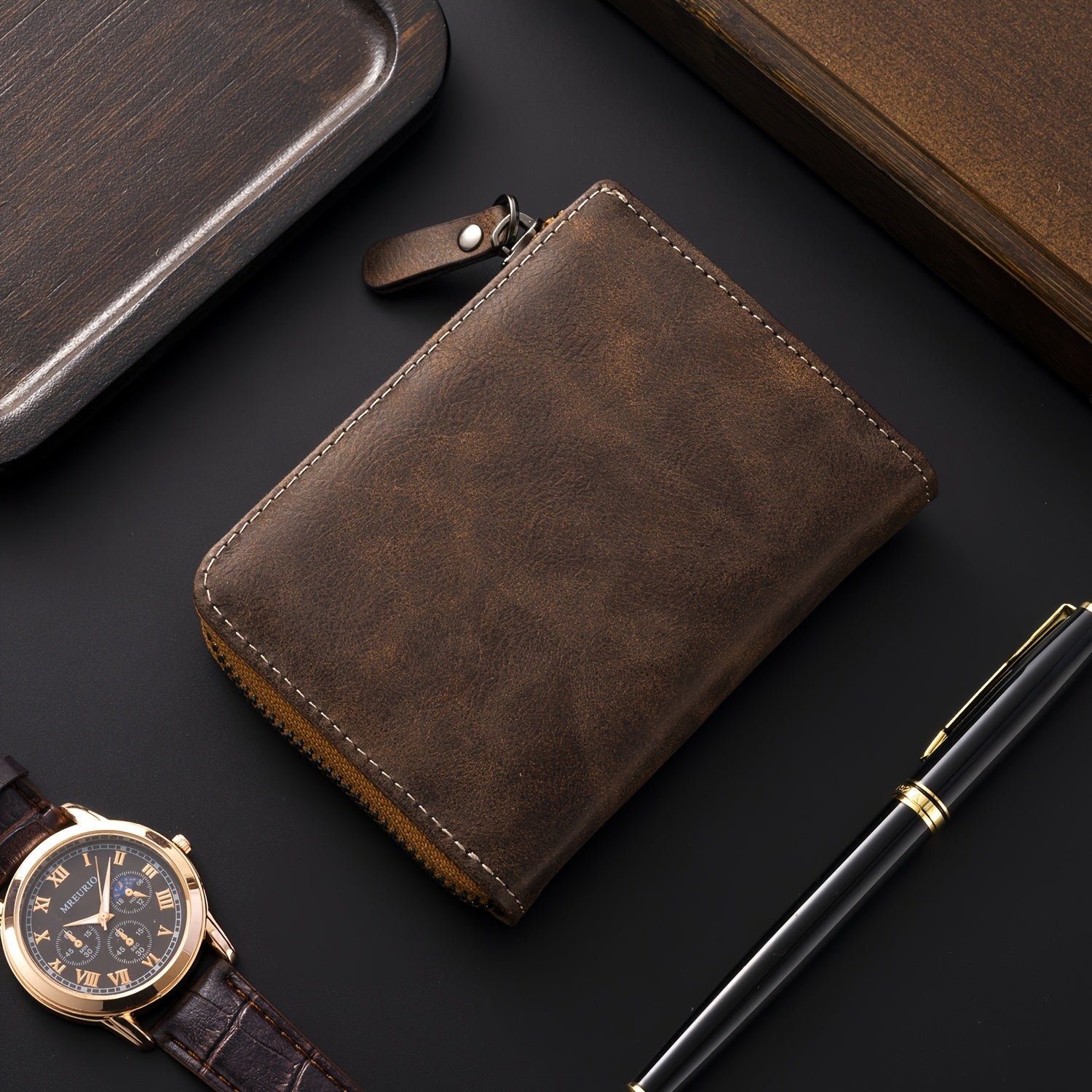 Cartera de hombre retro de piel sintética con cremallera y tarjetero.