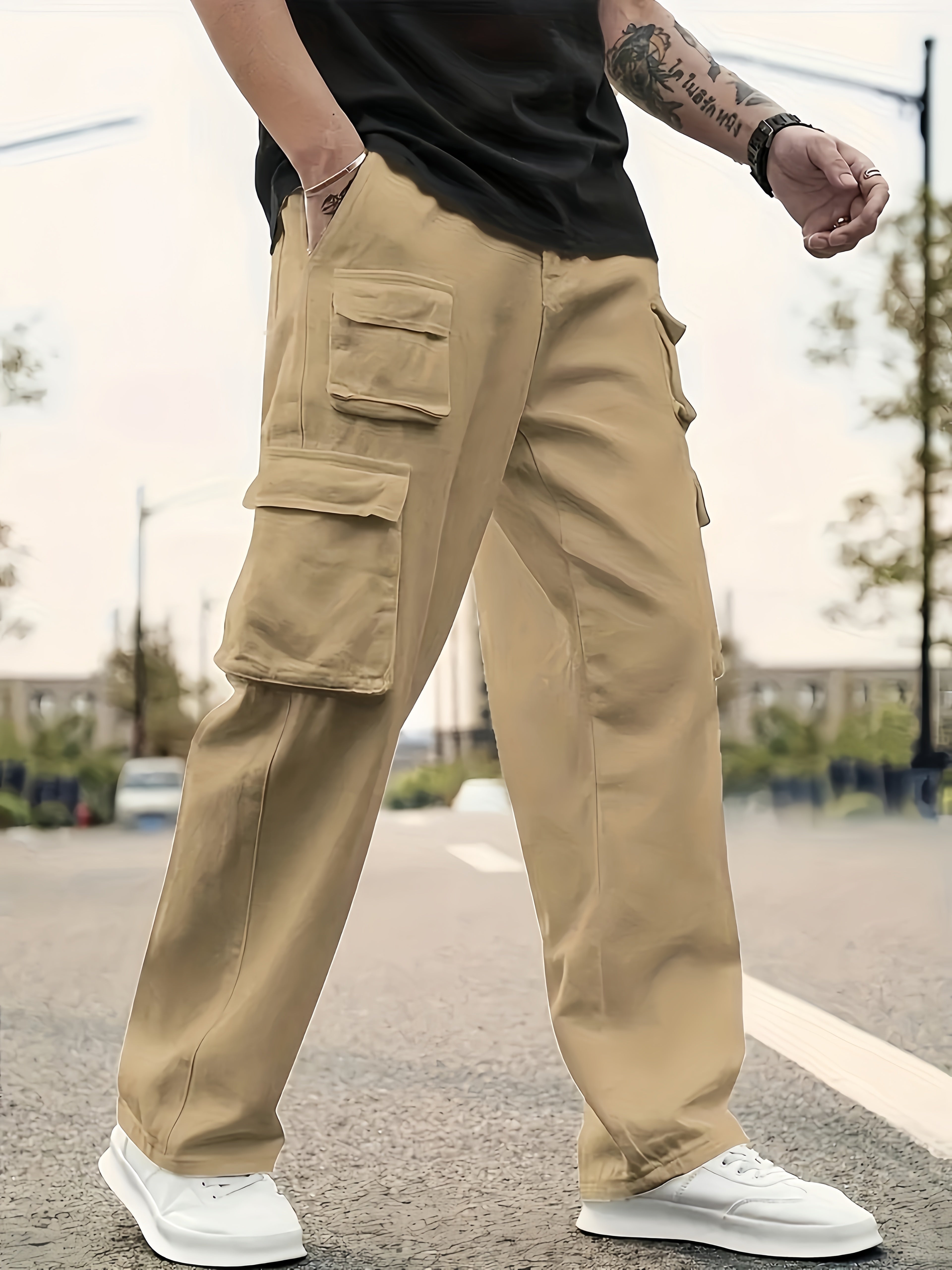 Men's Solid Color Sports Cargo Pants With Drawstrings, Casual Versatile Straight Leg Outdoor Trousers As Gift