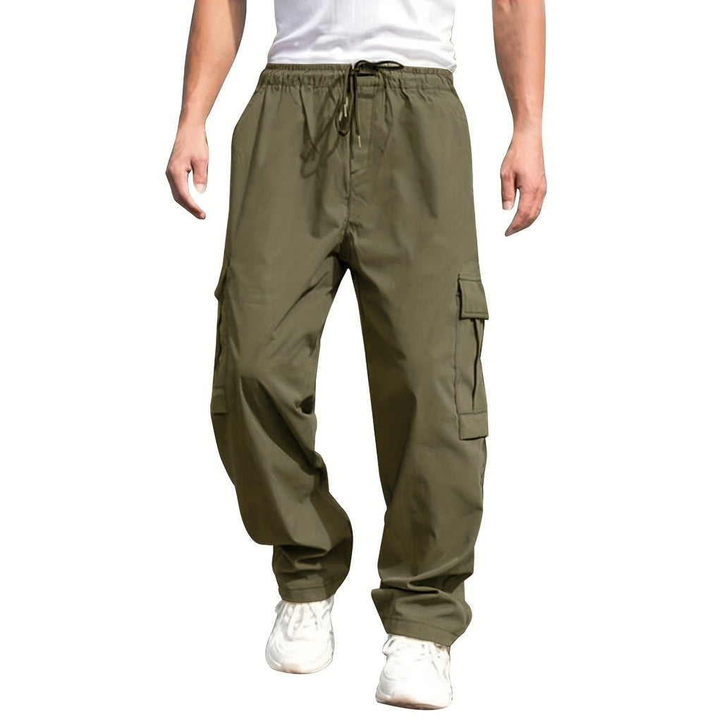 Men'S Casual Cargo Pants - Loose Fit, Straight Leg, Multi-Pocket Design, Drawstring Waist, Polyester Fabric, Ideal for Spring & Fall Workouts, Casual Wear Pants|Loose Fit Pants|Polyester Pants