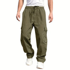 Men'S Casual Cargo Pants - Loose Fit, Straight Leg, Multi-Pocket Design, Drawstring Waist, Polyester Fabric, Ideal for Spring & Fall Workouts, Casual Wear Pants|Loose Fit Pants|Polyester Pants