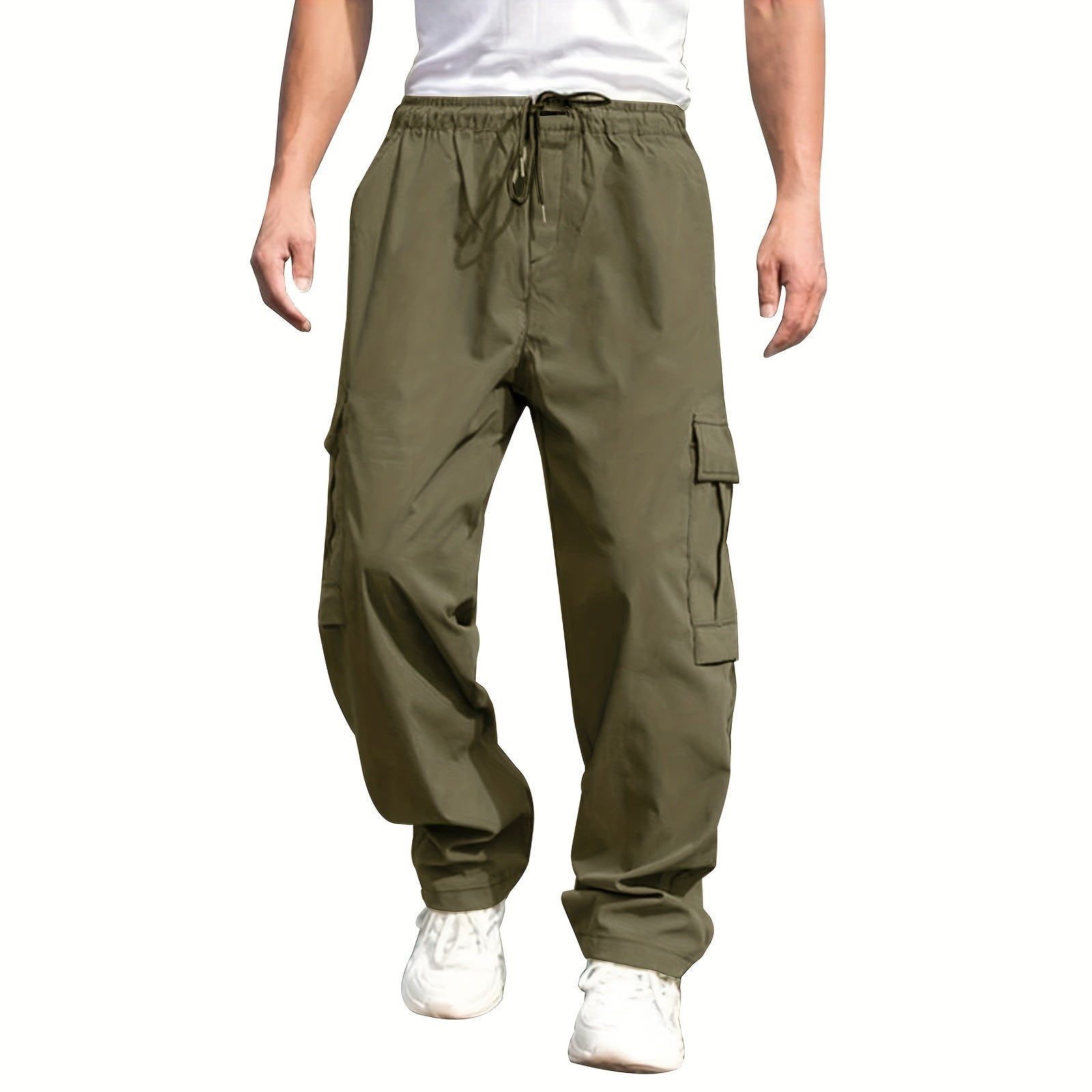 Men'S Casual Cargo Pants - Loose Fit, Straight Leg, Multi-Pocket Design, Drawstring Waist, Polyester Fabric, Ideal for Spring & Fall Workouts, Casual Wear Pants|Loose Fit Pants|Polyester Pants