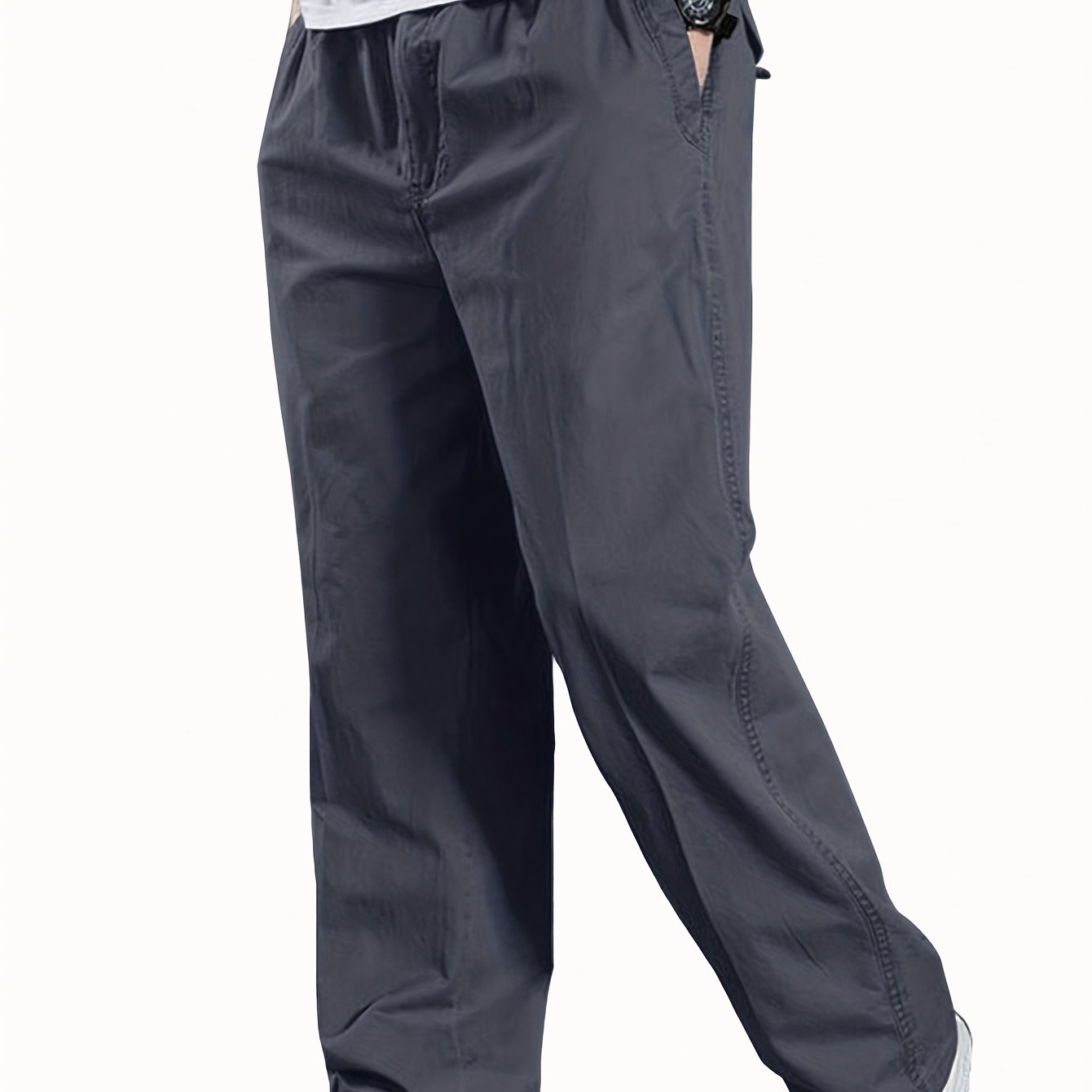 Men's Heavy-Duty 100% Cotton Work Pants - Relaxed Fit Cargo Pants with Elastic Drawstring Waist, Solid Black Casual Workwear for Construction, Everyday & Formal Events - Machine Washable Spring/Fall Trousers, Classic Solid Co