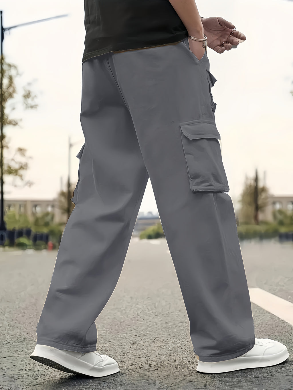 Men's Solid Color Sports Cargo Pants With Drawstrings, Casual Versatile Straight Leg Outdoor Trousers As Gift