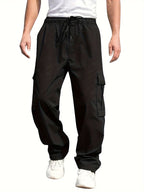 Men'S Casual Cargo Pants - Loose Fit, Straight Leg, Multi-Pocket Design, Drawstring Waist, Polyester Fabric, Ideal for Spring & Fall Workouts, Casual Wear Pants|Loose Fit Pants|Polyester Pants