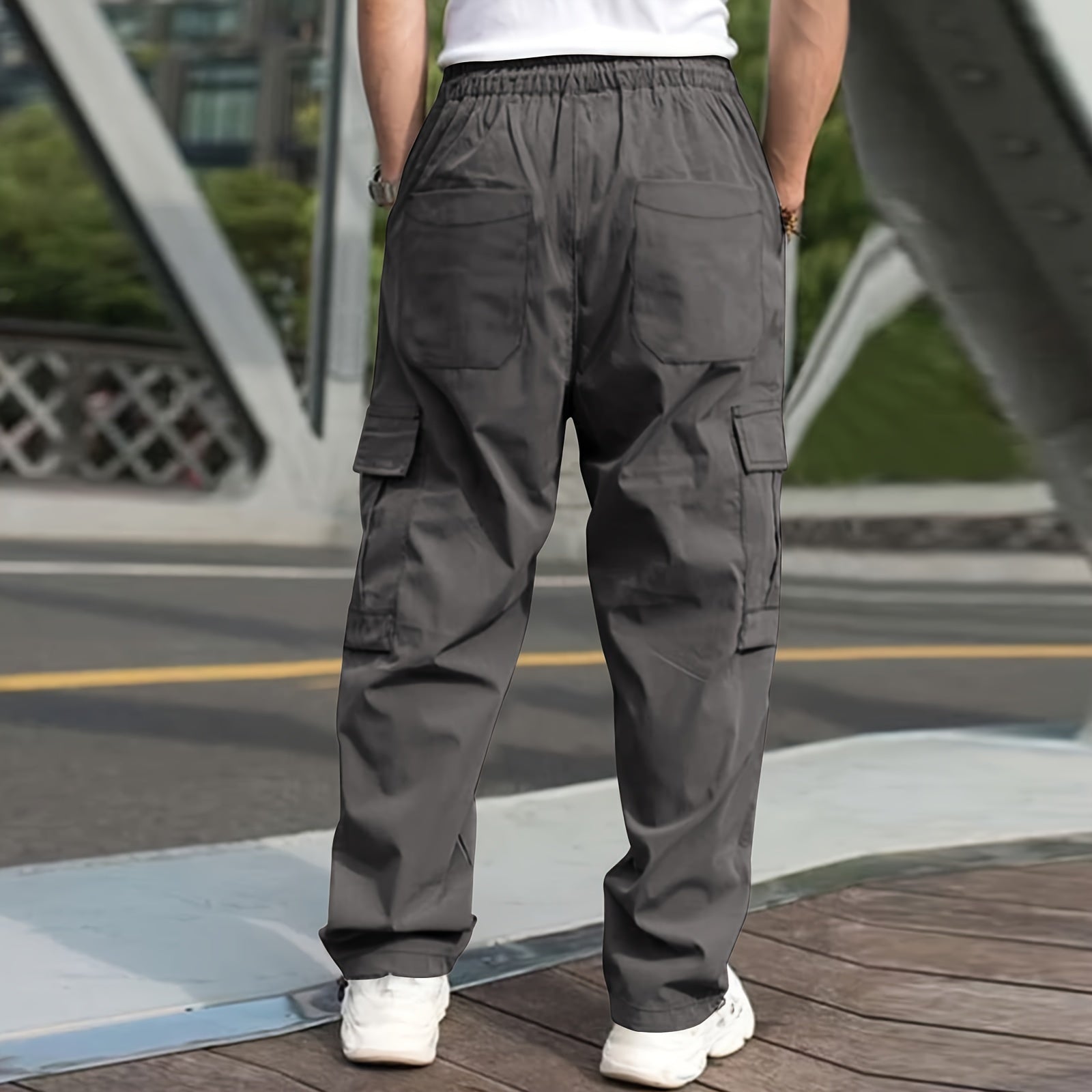 Men'S Casual Cargo Pants - Loose Fit, Straight Leg, Multi-Pocket Design, Drawstring Waist, Polyester Fabric, Ideal for Spring & Fall Workouts, Casual Wear Pants|Loose Fit Pants|Polyester Pants