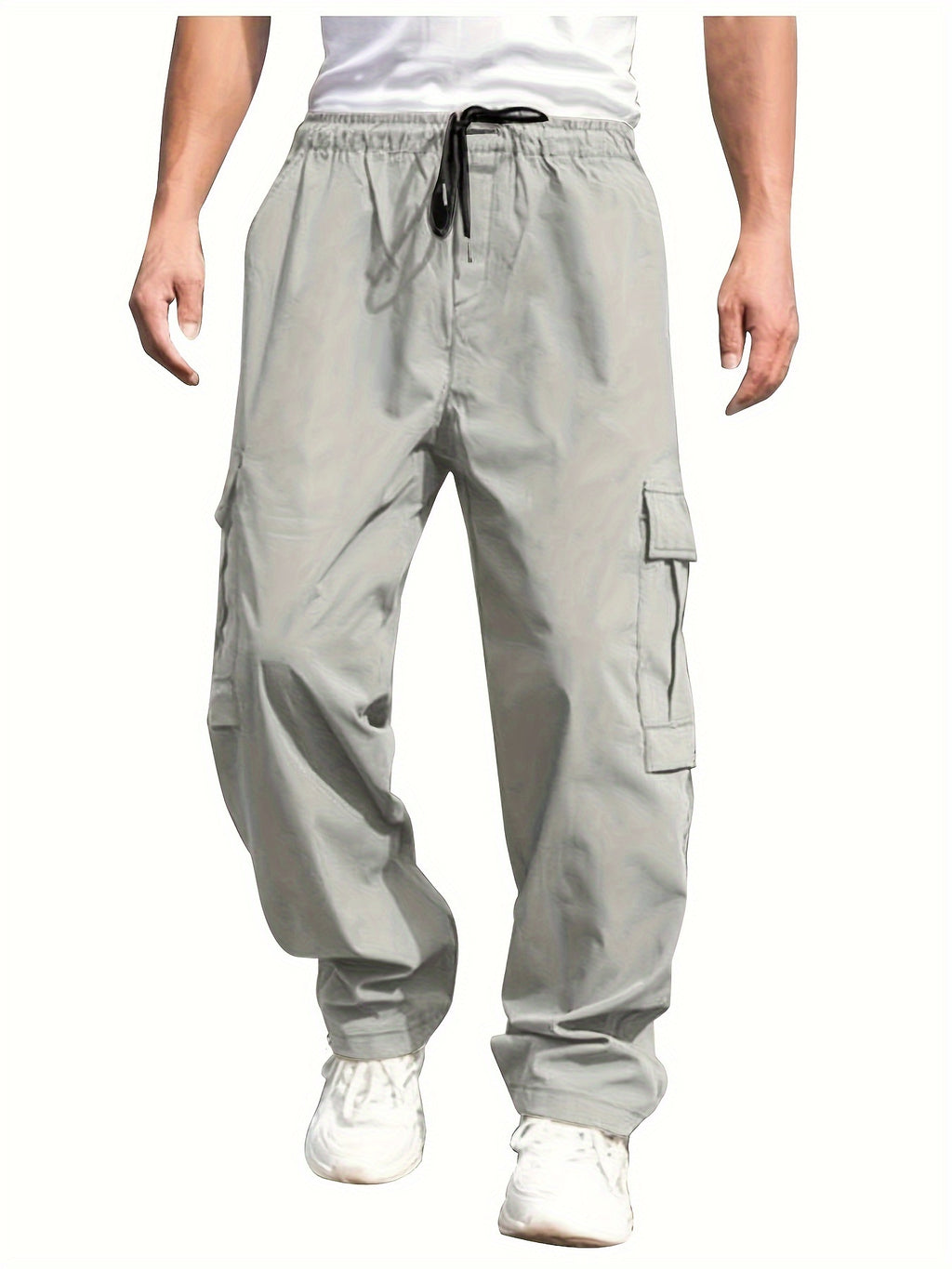 Men'S Casual Cargo Pants - Loose Fit, Straight Leg, Multi-Pocket Design, Drawstring Waist, Polyester Fabric, Ideal for Spring & Fall Workouts, Casual Wear Pants|Loose Fit Pants|Polyester Pants