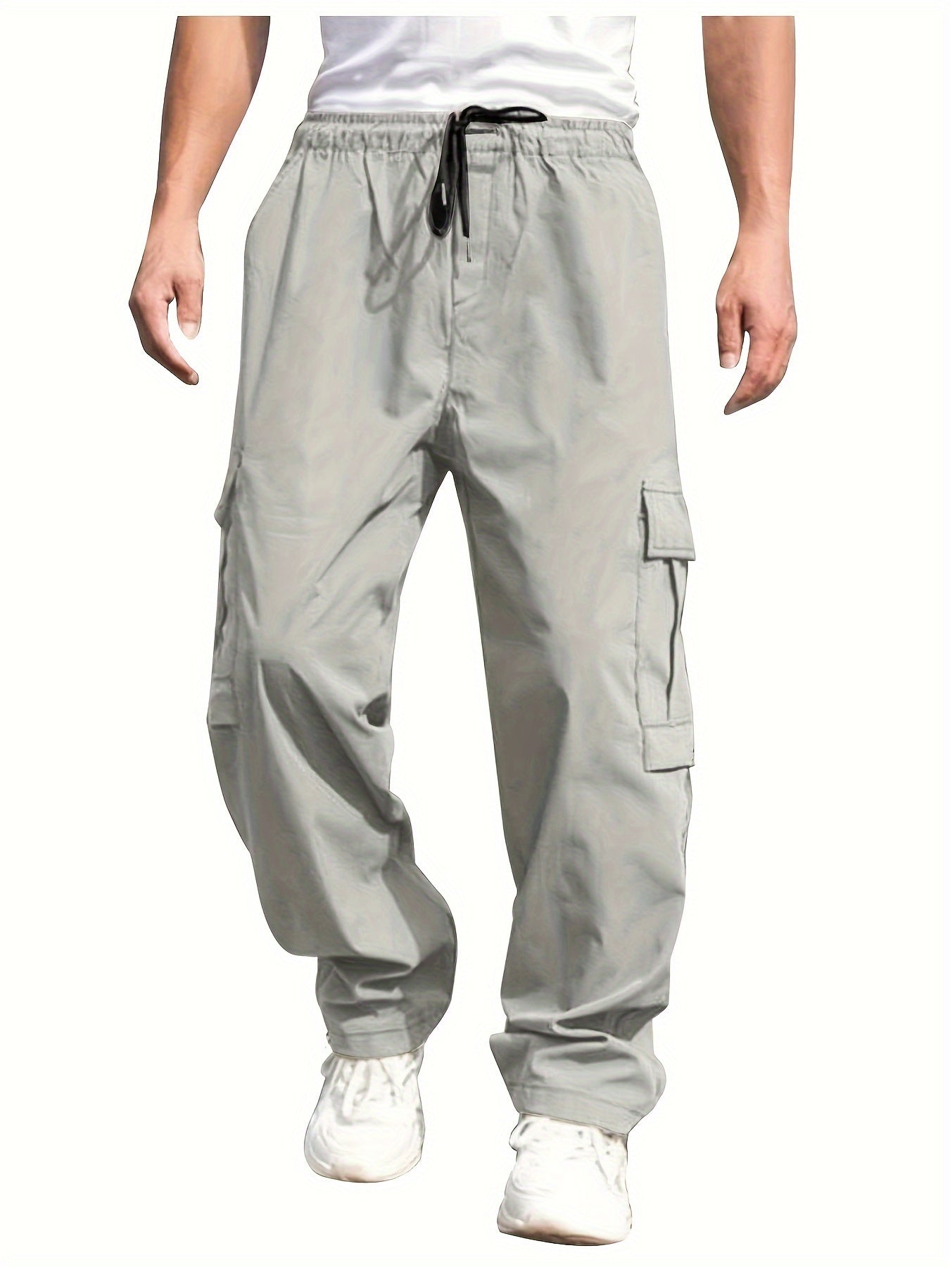 Men'S Casual Cargo Pants - Loose Fit, Straight Leg, Multi-Pocket Design, Drawstring Waist, Polyester Fabric, Ideal for Spring & Fall Workouts, Casual Wear Pants|Loose Fit Pants|Polyester Pants