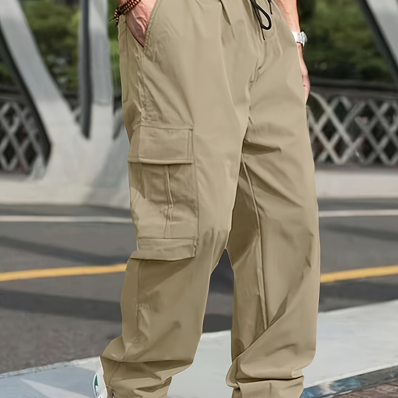Men'S Casual Cargo Pants - Loose Fit, Straight Leg, Multi-Pocket Design, Drawstring Waist, Polyester Fabric, Ideal for Spring & Fall Workouts, Casual Wear Pants|Loose Fit Pants|Polyester Pants
