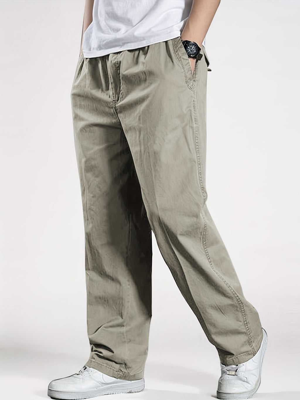 Men's Heavy-Duty 100% Cotton Work Pants - Relaxed Fit Cargo Pants with Elastic Drawstring Waist, Solid Black Casual Workwear for Construction, Everyday & Formal Events - Machine Washable Spring/Fall Trousers, Classic Solid Co