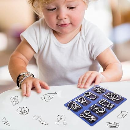 8 unids/set juego de anillos de rompecabezas de Metal juego de rompecabezas inteligente anillo y hebilla liberación IQ rompecabezas juguetes para niños adultos desarrollo cerebral