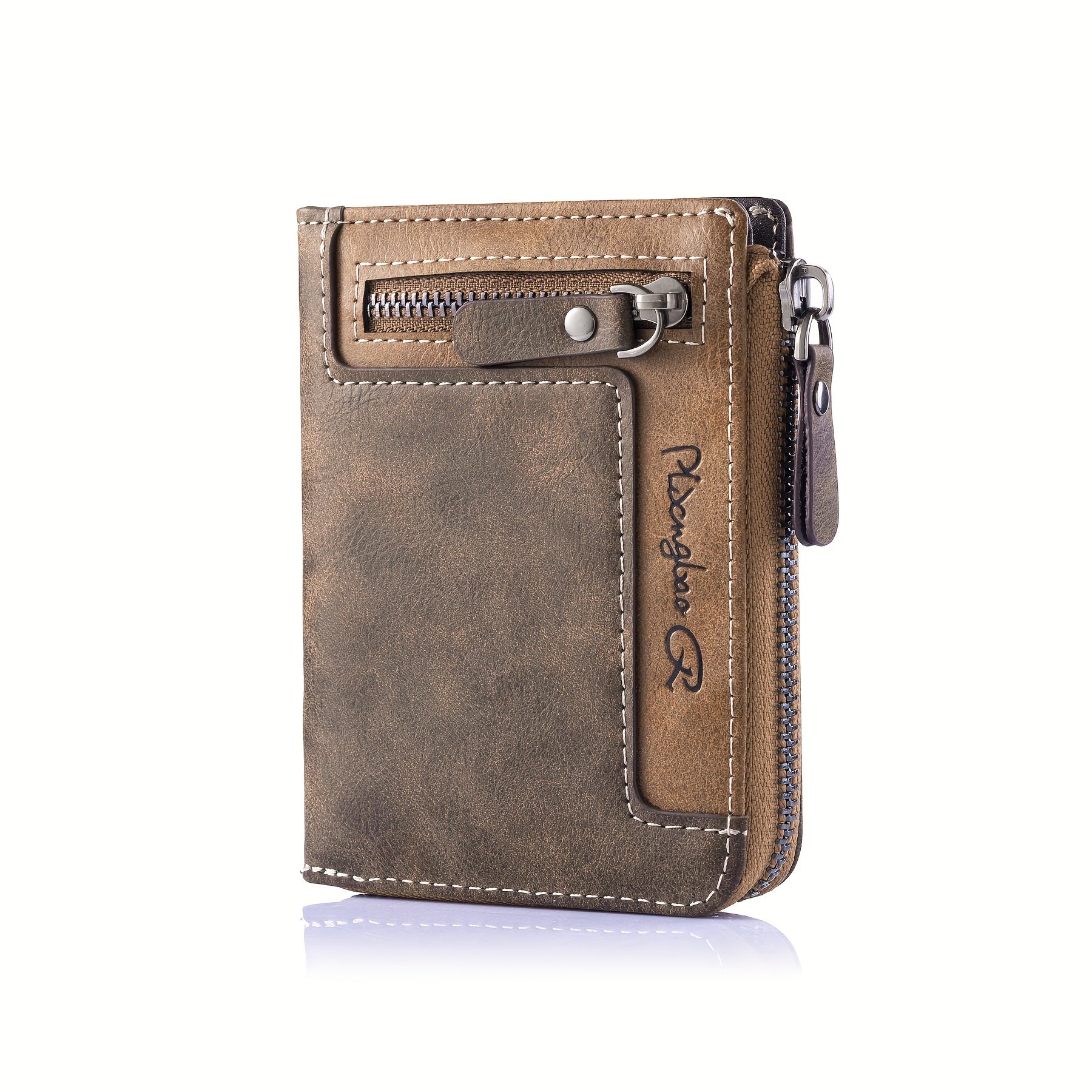Cartera de hombre retro de piel sintética con cremallera y tarjetero.