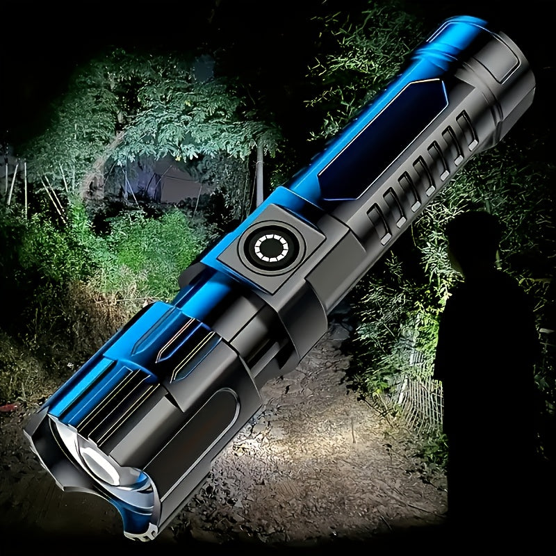 Linterna táctica LED de alto lumen con zoom ajustable y 3 modos de luz. Recargable, ideal para camping, senderismo y emergencias