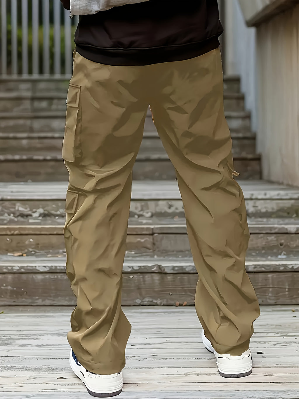 Men'S Fashion Cargo Pants, Polyester 100%, Solid Color, Loose Fit, Straight Leg, Drawstring, Multi-Pocket, Casual Slim Fit, Woven Fabric, 138g/m² - Sports Style