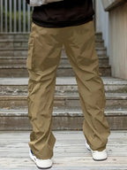 Men'S Fashion Cargo Pants, Polyester 100%, Solid Color, Loose Fit, Straight Leg, Drawstring, Multi-Pocket, Casual Slim Fit, Woven Fabric, 138g/m² - Sports Style