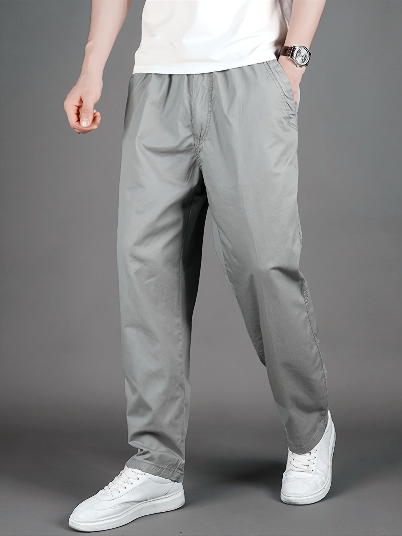 Men'S High-Waisted Straight-Leg Casual Pants - Light Grey Elastic Drawstring Waist, Lightweight All-Season Comfort, Regular Fit Solid Color Trousers for Casual Attire & Light Sports, Comfortable Clothing, Minimalist Design, S
