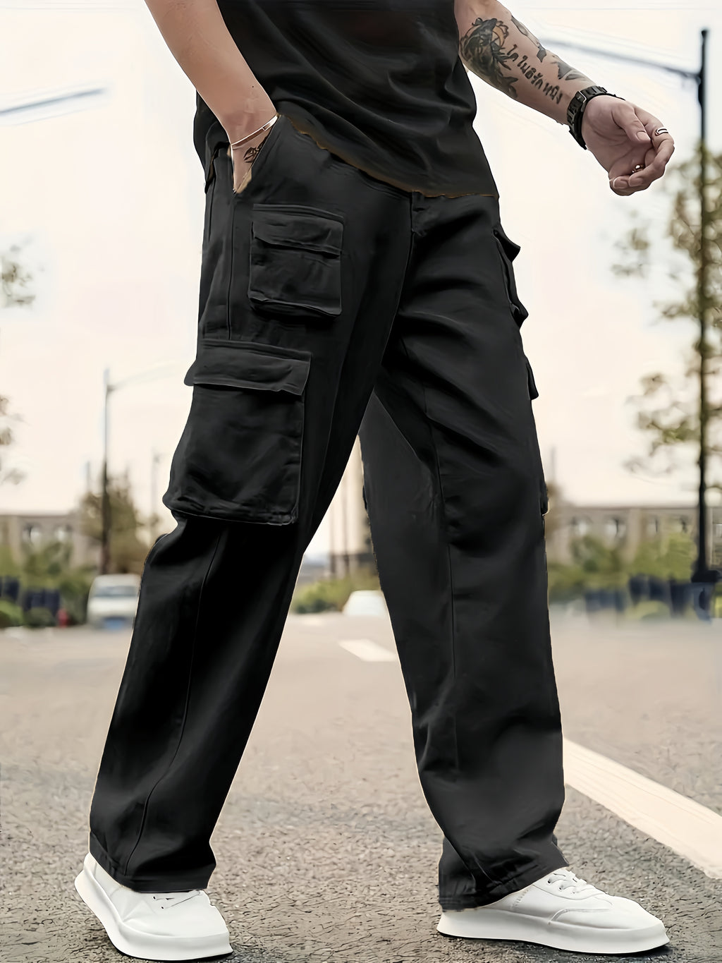 Men's Solid Color Sports Cargo Pants With Drawstrings, Casual Versatile Straight Leg Outdoor Trousers As Gift