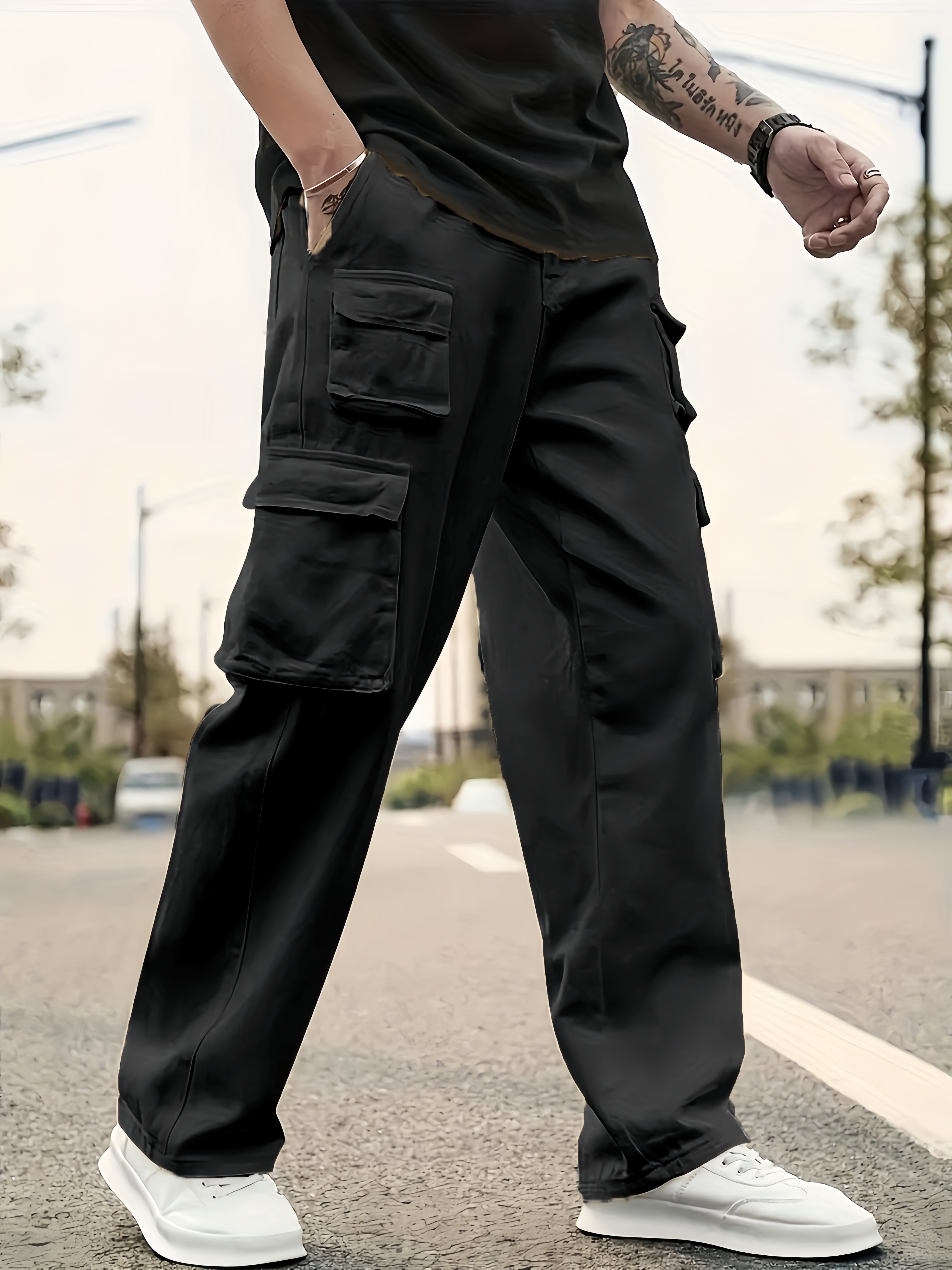 Men's Solid Color Sports Cargo Pants With Drawstrings, Casual Versatile Straight Leg Outdoor Trousers As Gift