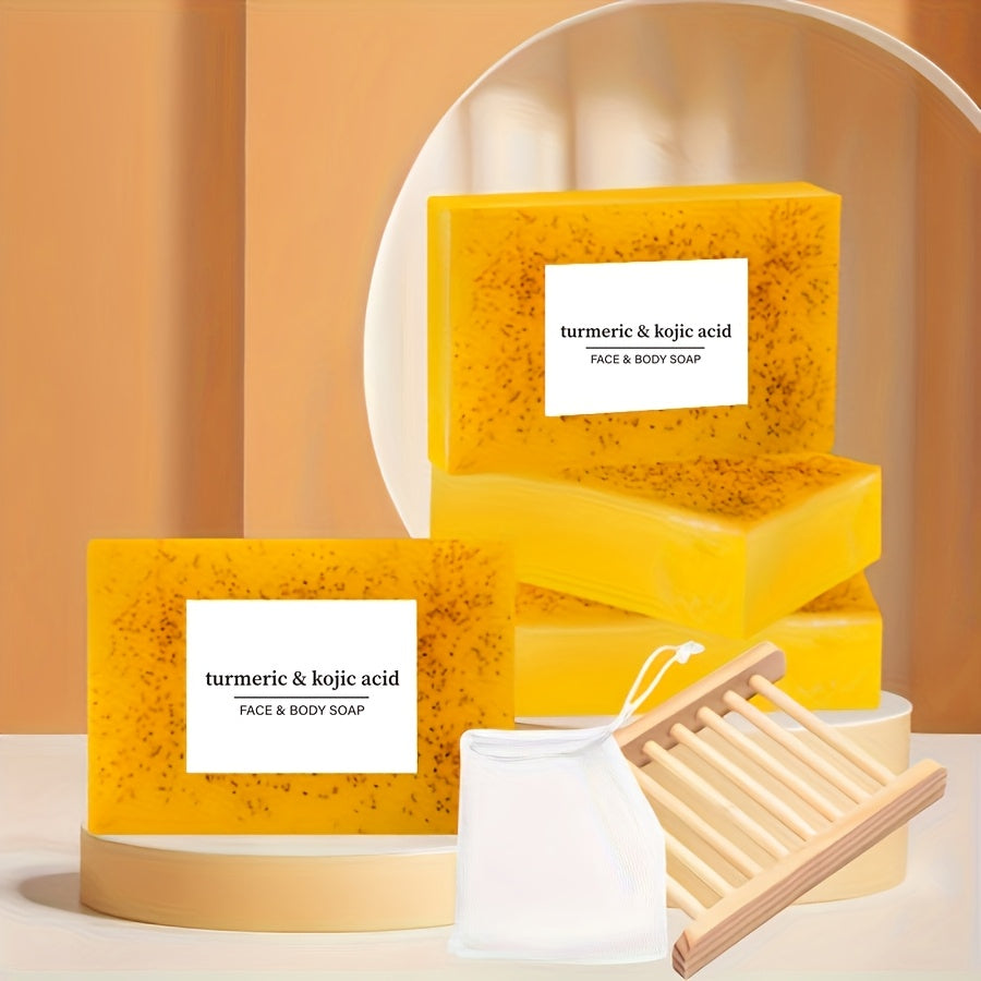 4-Pack Turmeric & Kojic Acid Soap Set, 100g Each, Deep Cleansing & Moisturizing, Natural Handmade Bar for Light Beige & Hair Care, Alcohol-Free, Body Use, Includes Bathroom Soap Dish & Loofah