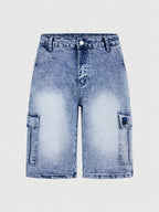 Jeans Cortos Hombre Elásticos | Corte Regular, Múltiples Bolsillos | Vaquero Azul Lavado